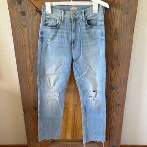 MOTHER jeans light blue. Size 28. High waisted rider ankle fray.
